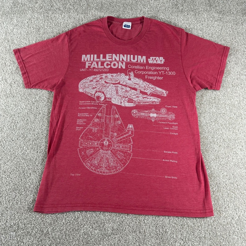 Star Wars Millennium Falcon Blueprint Graphic T-Shirt Heather Red Mens Large